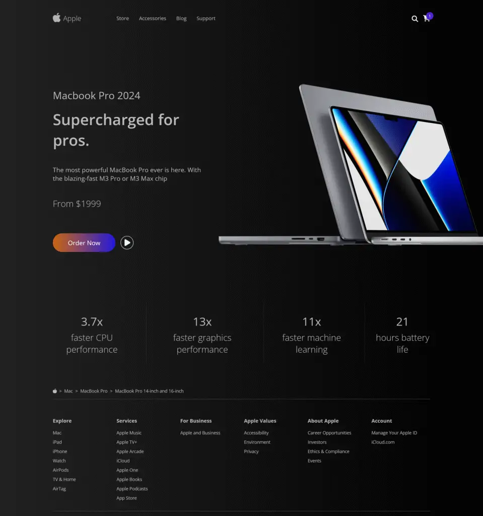 Full page screenshot of MacBook webpage Clone made with HTML & CSS