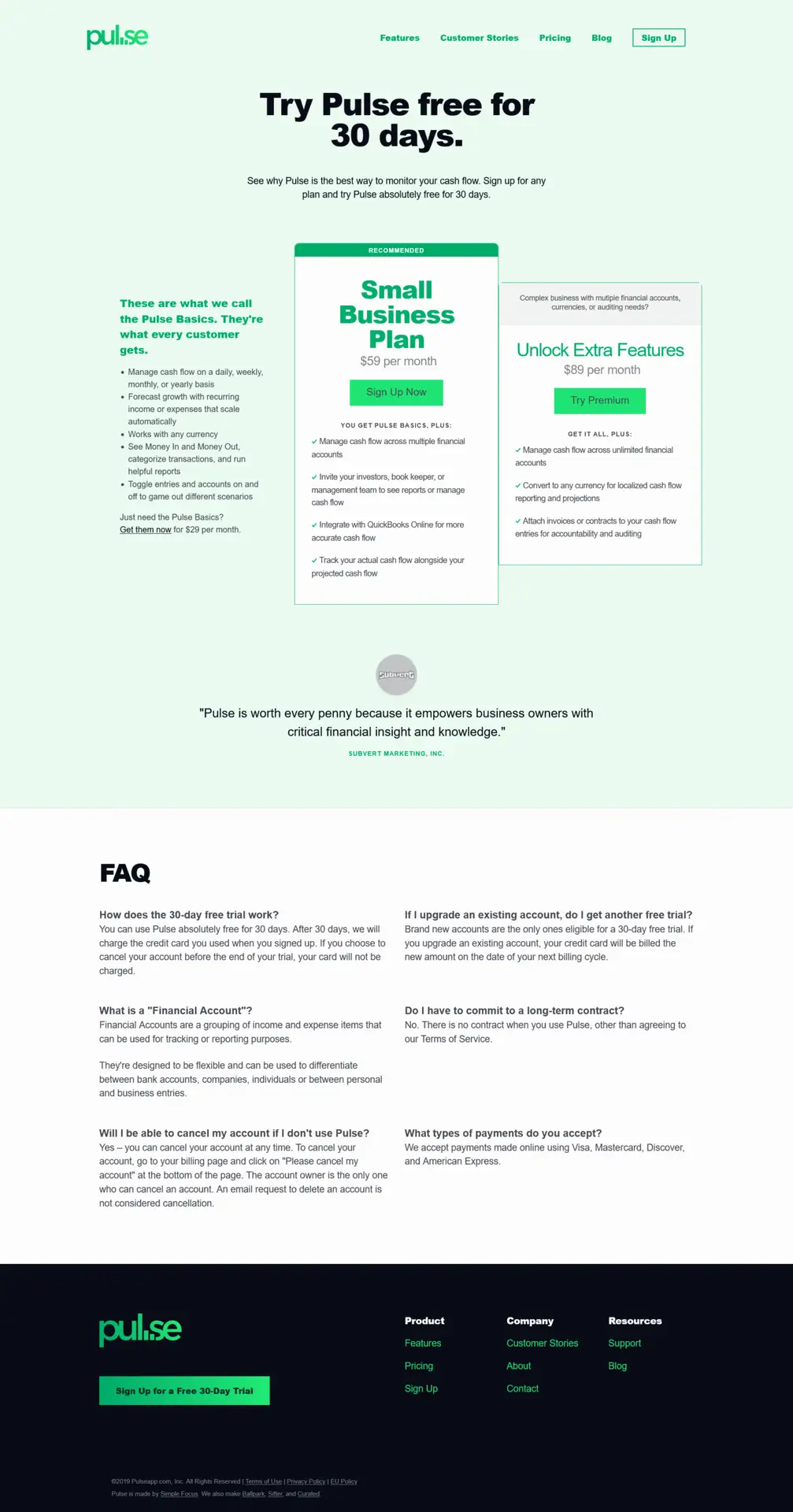 Full-page screenshot of pulseapp.com webpage made with HTML & CSS