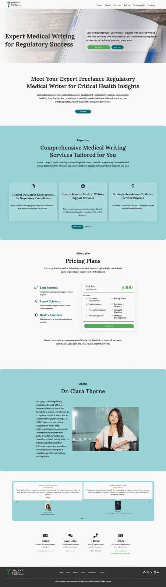 Full-page screenshot of webpage made in WordPress using Elementor for freelance medical writers.