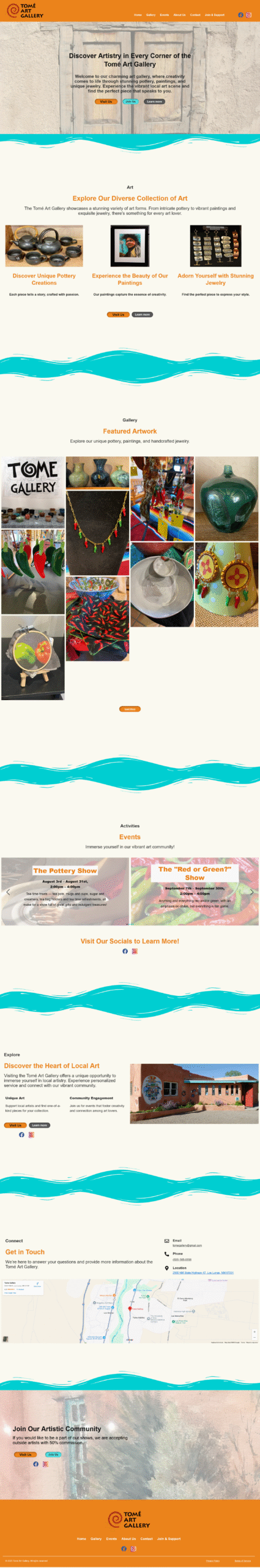 Full-page screenshot of webpage made in WordPress using Elementor for a small Southwestern art gallery.